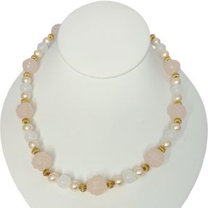 Molded Lucite Rose Pink Beaded Necklace 19" Pearl Glass Gold Tone Cottagecore